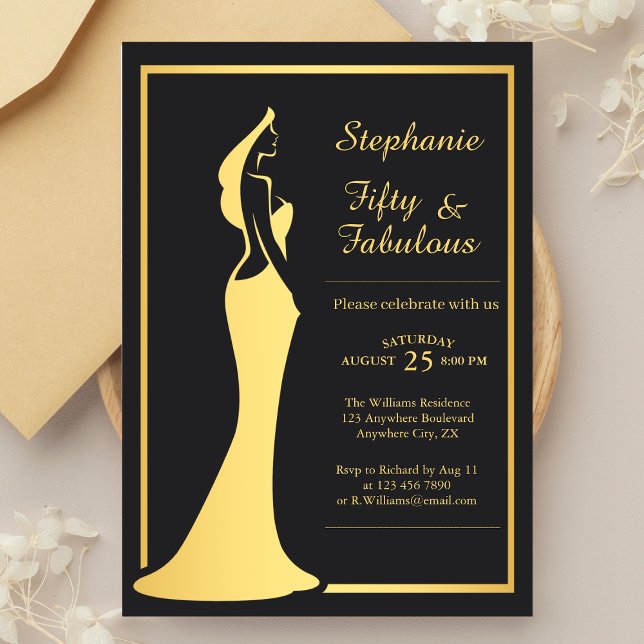 Invitación 50.ª vestimenta moderna de cóctel de oro de mujer  (Subido por el creador)