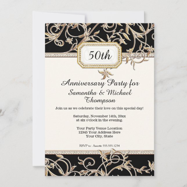 Invitación 50.º 50º aniversario de Art Nouveau negro y oro (Anverso)
