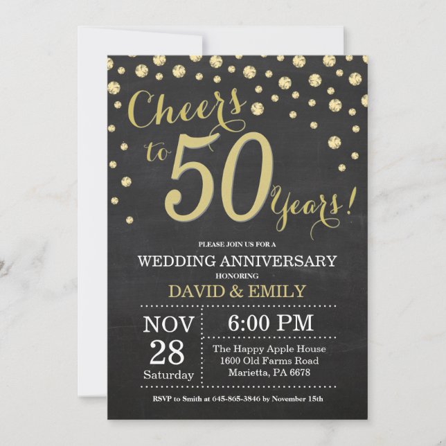 Invitación 50.º Aniversario Boda Chalkboard Negro y Oro (Anverso)