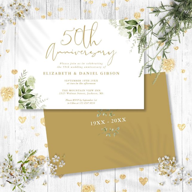 Invitación 50.º aniversario Boda de la floral de la escritura (50th Wedding Anniversary Gold Script Floral Invitation)