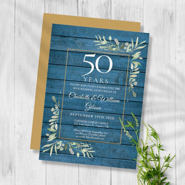 Invitación 50.º Aniversario Boda de la vegetación Madera Azul (Subido por el creador)