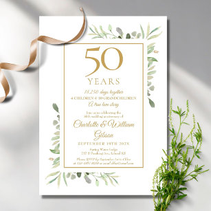 Invitación 50.º Aniversario Boda Dorado Recuerdos vegetación