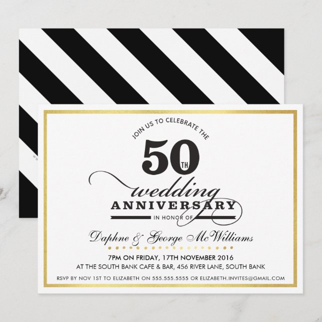 Invitación 50.º ANIVERSARIO BODA elegante de oro negro invita (Anverso / Reverso)