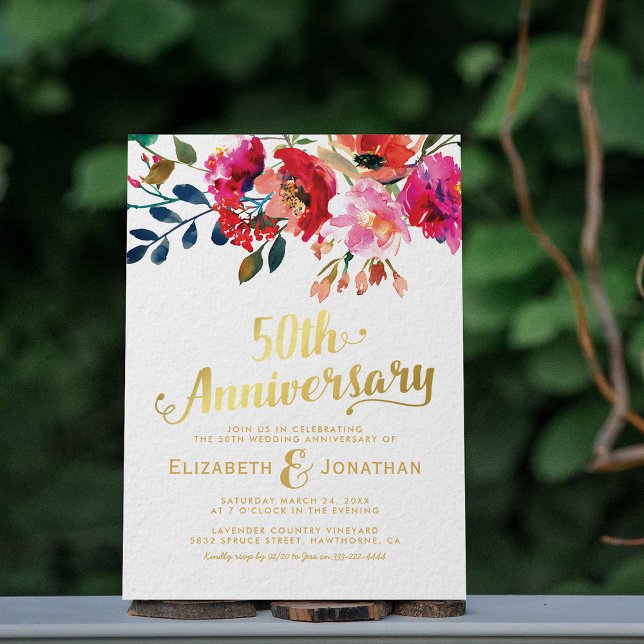 Invitación 50.º Aniversario Boda Elegante Floral de Oro (Subido por el creador)