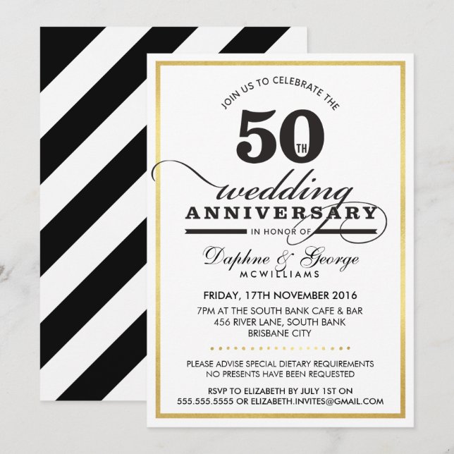 Invitación 50.º ANIVERSARIO BODA elegante negro dorado (Anverso / Reverso)