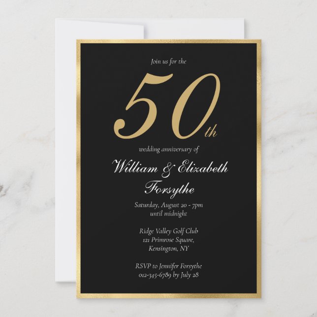 Invitación 50.º Aniversario Boda Elegante Oro Negro (Anverso)