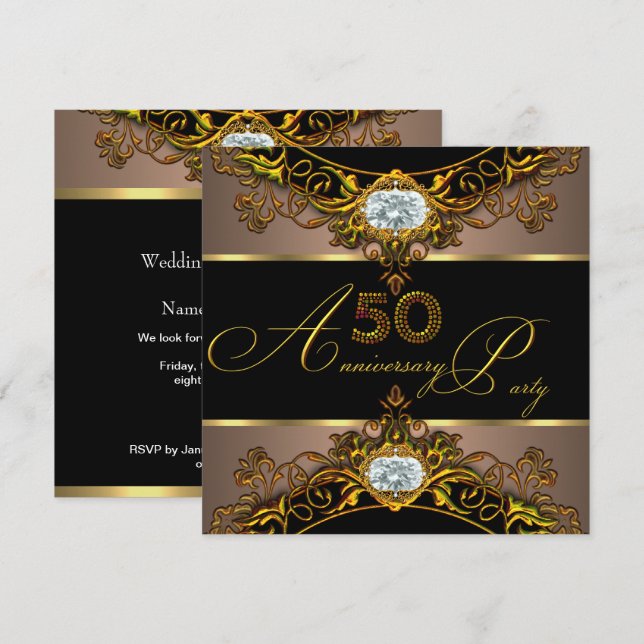 Invitación 50.º Aniversario Boda Elite café Oro Negro 2 (Anverso / Reverso)