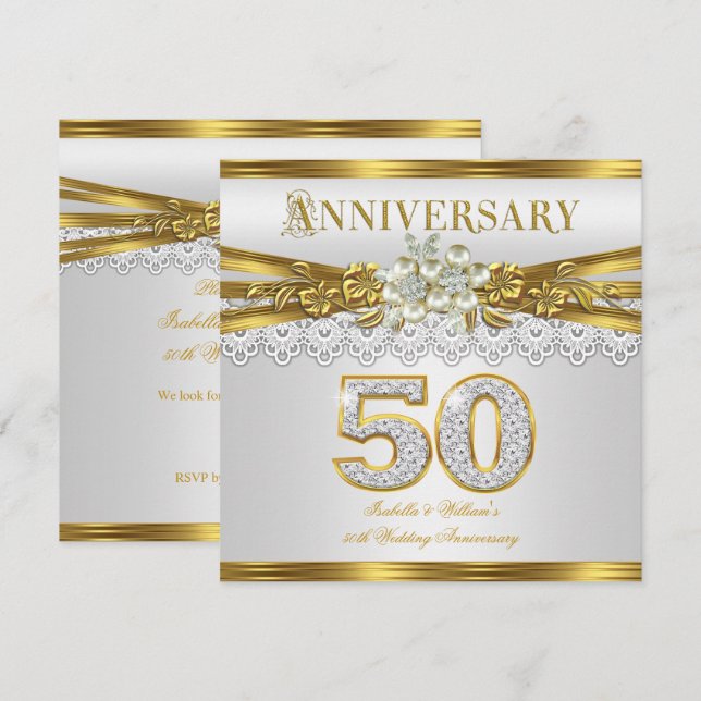 Invitación 50.º aniversario Boda Fiesta Perla Blanca Oro (Anverso / Reverso)