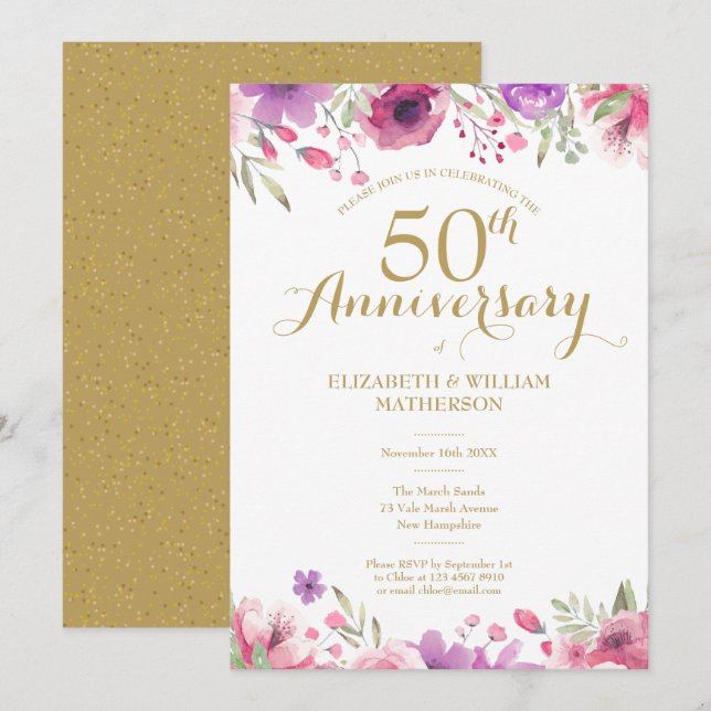 Invitación 50.º aniversario Boda Floral acuarela (Anverso / Reverso)