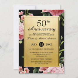 Invitación 50.º Aniversario Boda Floral de oro negro