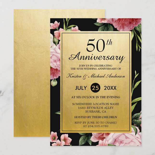 Invitación 50.º Aniversario Boda Floral de oro negro (Anverso / Reverso)