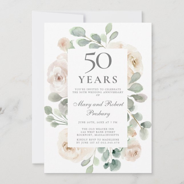 Invitación 50.º aniversario Boda Floral de rosa blanca (Anverso)