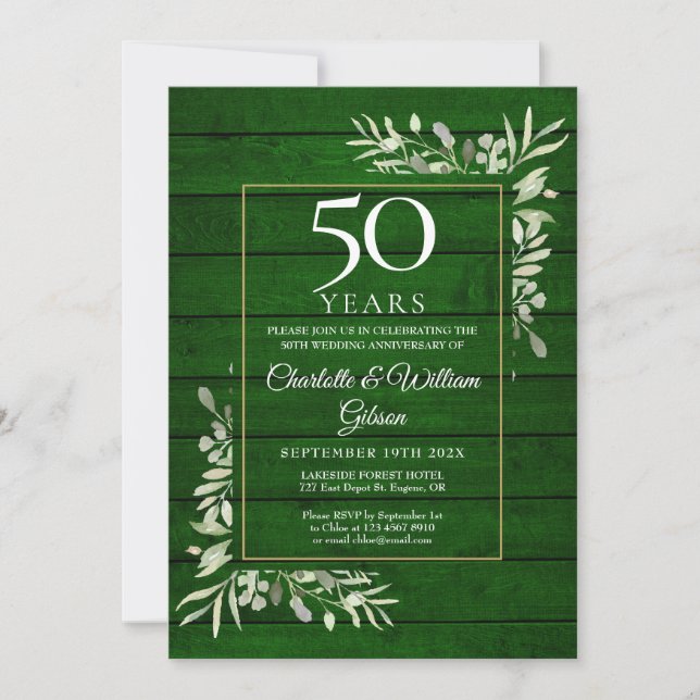 Invitación 50.º aniversario Boda Floral Rústica Madera Verde (Anverso)