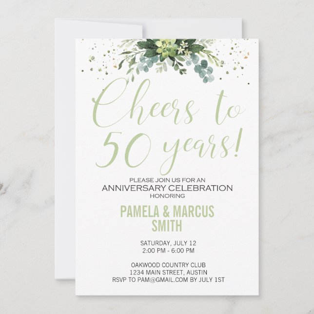 Invitación 50.º Aniversario Boda Floral Verde Moderno (Anverso)
