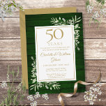 Invitación 50.º Aniversario Boda Foliage de la Madera Verde<br><div class="desc">Con una delicada vegetación de color acuático en un entorno rústico de madera esmeralda y verde,  esta elegante invitación de aniversario puede ser personalizada con su información especial de celebración de 50 años,  con un fondo dorado al revés. Diseñado por Thisisnotme©</div>