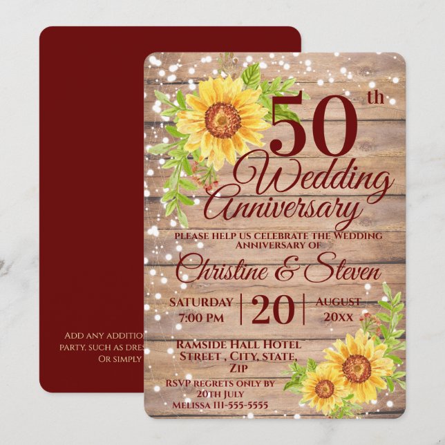 Invitación 50.º aniversario Boda Girasol ruso (Anverso / Reverso)