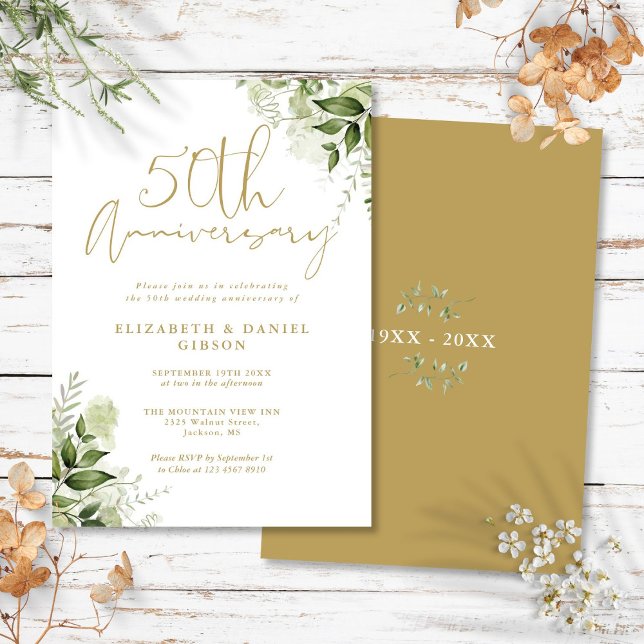 Invitación 50.º aniversario Boda Greenery Gold Script (50th Wedding Anniversary Greenery Gold Script Invitation)