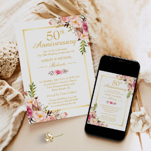 Invitación 50.º Aniversario Boda Moda elegante Floral de oro