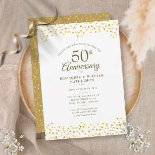 Invitación 50.º Aniversario Boda Oro Corazones de Amor Confet