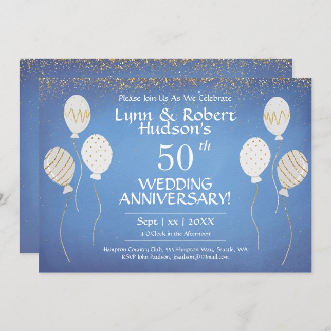 Invitación 50.º aniversario Boda, oro y globos blancos (Anverso / Reverso)