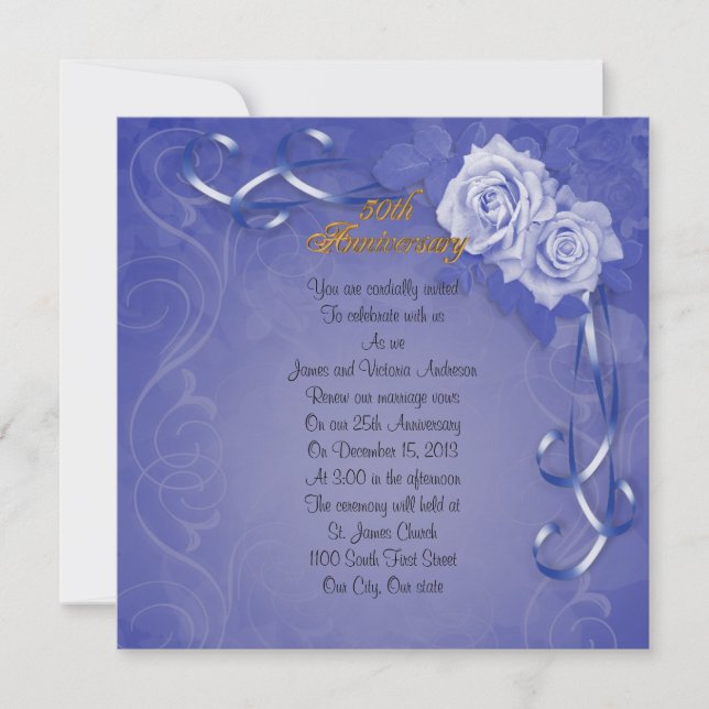 Invitación 50.º aniversario Boda promesa renovación rosas azu (Anverso)