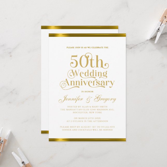 Invitación 50.º aniversario Boda Tipografía de oro blanco (Anverso/Reverso In Situ)