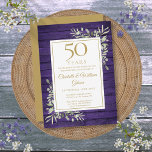 Invitación 50.º Aniversario Boda Vegetación de la Madera Púrp<br><div class="desc">Con una delicada vegetación de color acuático en un entorno rústico de madera morada,  esta elegante invitación al aniversario puede ser personalizada con su especial información de celebración de 50 años,  con un fondo dorado al revés. Diseñado por Thisisnotme©</div>