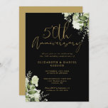 Invitación 50.º Aniversario Boda Verde Negro Y Oro<br><div class="desc">Esta elegante vegetación botánica deja la invitación del 50 aniversario boda puede ser personalizada con su información en la tipografía de oro de moda con sus fechas especiales al revés. Diseñado por Thisisnotme©</div>