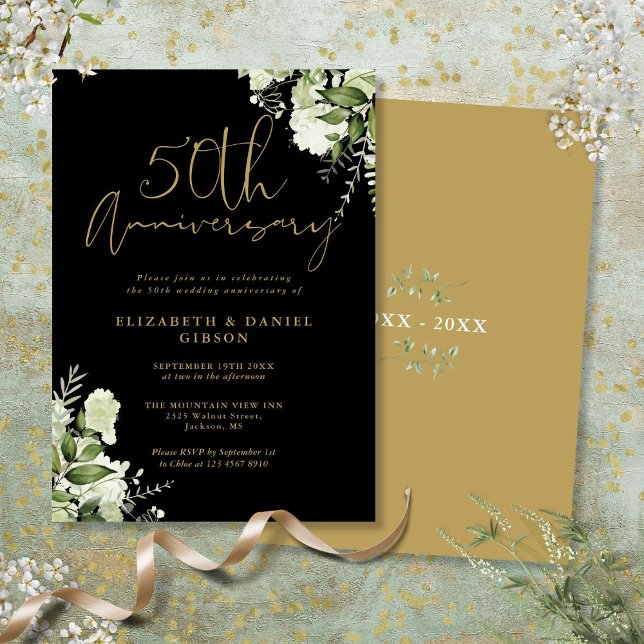 Invitación 50.º Aniversario Boda Verde Negro Y Oro (50th Wedding Anniversary Greenery Black And Gold Invitation)