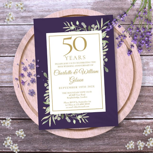 Invitación 50.º Aniversario Boda Verde Púrpura Y Oro (50th Wedding Anniversary Greenery Purple And Gold Invitation)