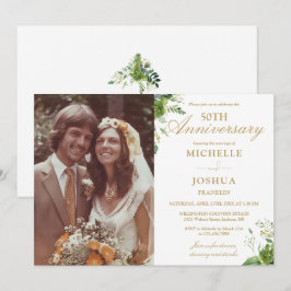 Invitación 50.º aniversario de Boda Greenery Gold Photo