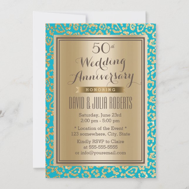 Invitación 50.º aniversario de Boda Verde azulado y Leopardo  (Anverso)