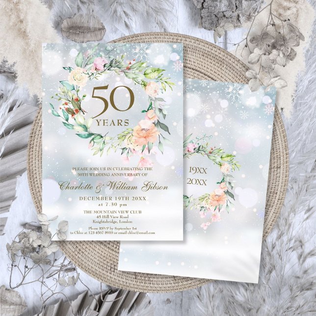 Invitación 50.º Aniversario del Boda de Oro Floral de Inviern (50th Golden Wedding Anniversary Winter Floral Invitation)