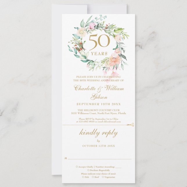Invitación 50.º Aniversario del Boda Dorado Floral RSVP (Anverso)