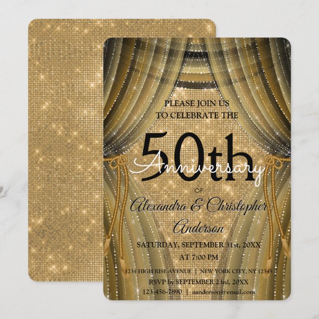 Invitación 50.º Aniversario del Boda Espuma de oro y negro (Anverso / Reverso)
