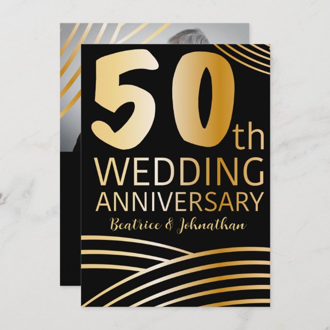 Invitación 50.º Aniversario del Boda Foto Negra y Oro (Anverso / Reverso)