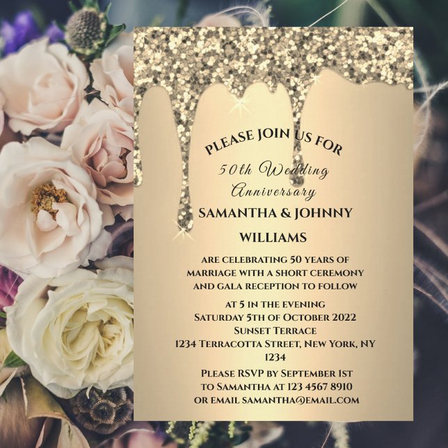Invitación 50.º Aniversario del Boda Golpe Purpurina Dorado (Subido por el creador)