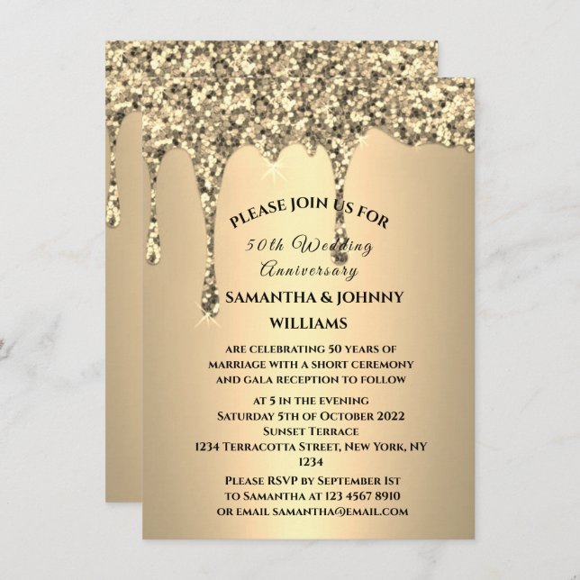 Invitación 50.º Aniversario del Boda Golpe Purpurina Dorado (Anverso / Reverso)
