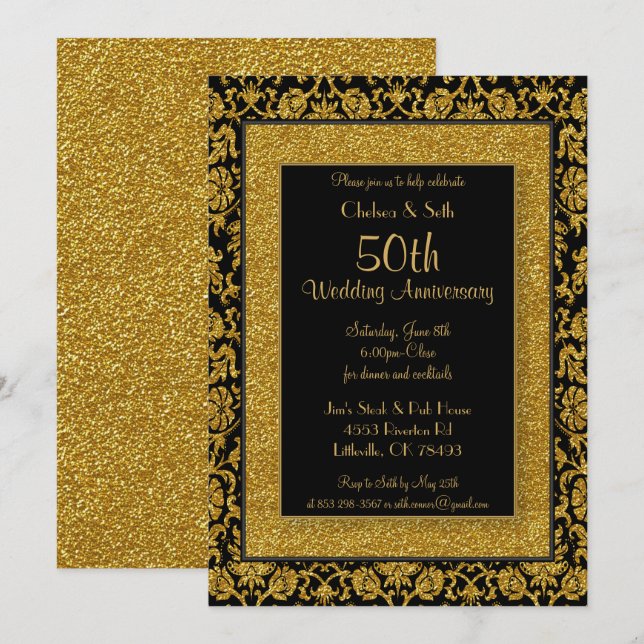 Invitación 50.º Aniversario del Boda Purpurina de Oro (Anverso / Reverso)