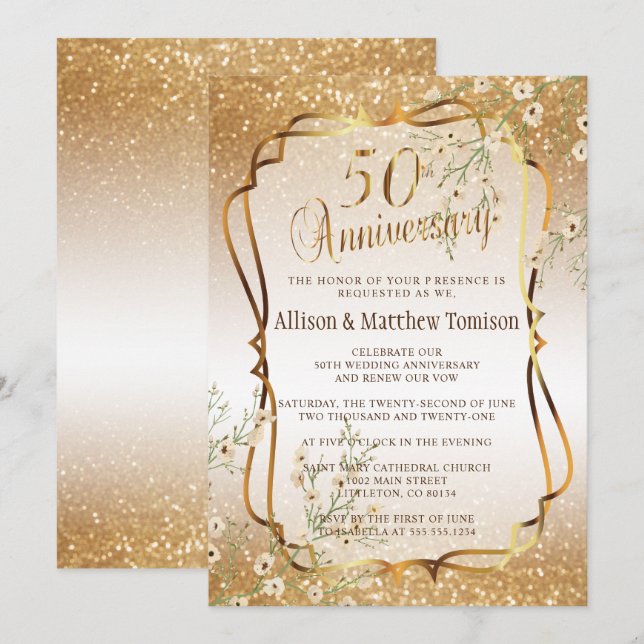 Invitación 50.º Aniversario del Boda Purpurina de Oro | DIY T (Anverso / Reverso)