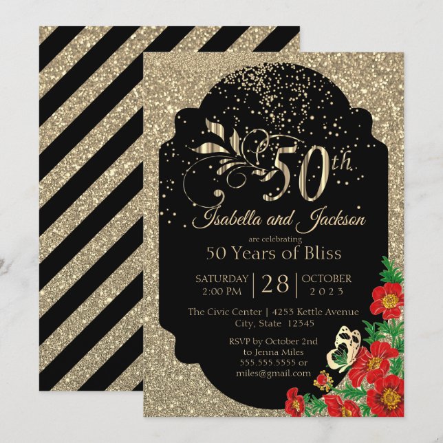 Invitación 50.º Aniversario del Purpurina del Confeti de Oro (Anverso / Reverso)