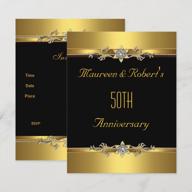 Invitación 50.º aniversario Elegante oro negro (Anverso / Reverso)