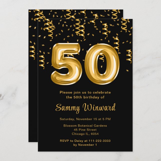 Invitación 50.º Balón de Oro de Cumpleaños con Confetti (Anverso / Reverso)