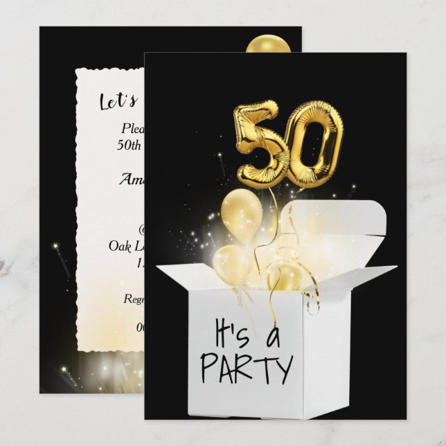 Invitación 50.º Balón De Oro De Cumpleaños En Caja Blanca (Anverso / Reverso)