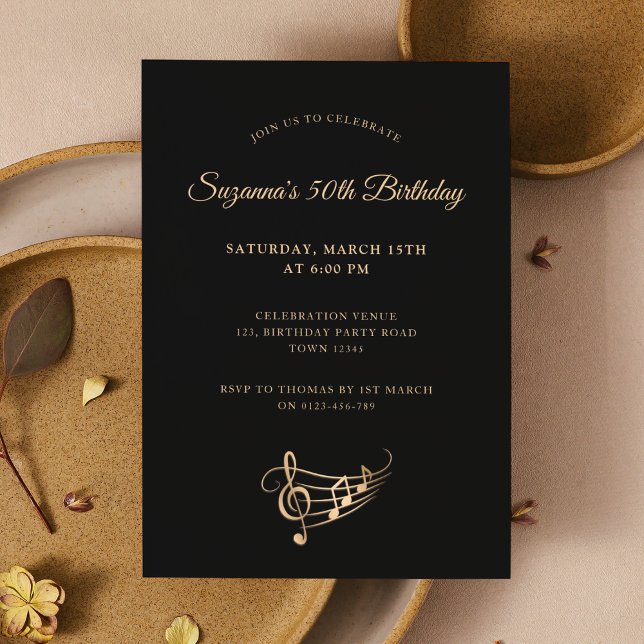 Invitación 50.º Birthday Gold Music Notes Elegant (Subido por el creador)