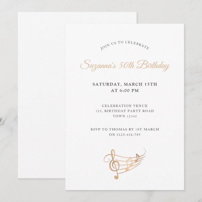 Invitación 50.º Birthday Gold Music Notes Elegant (Anverso / Reverso)