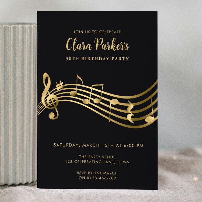 Invitación 50.º Birthday Music Notes Gold Elegant Modern (Subido por el creador)