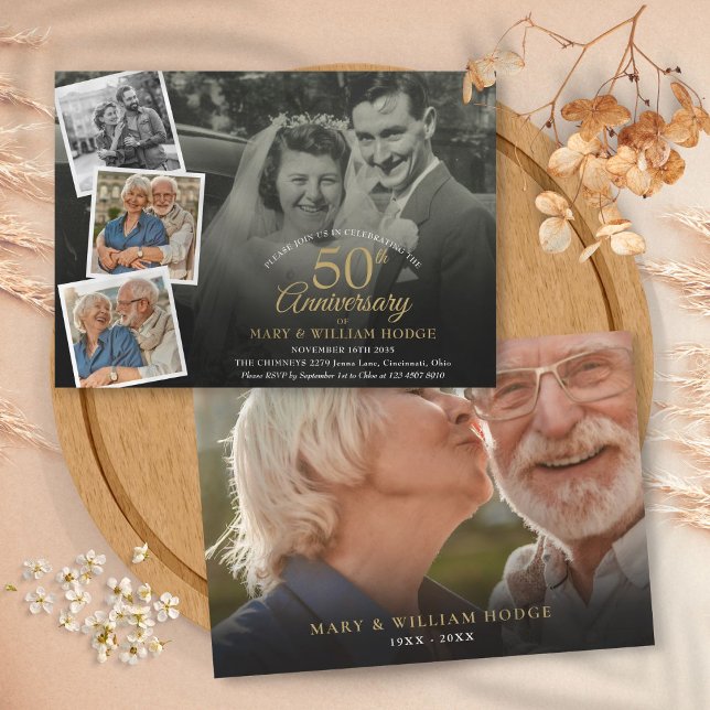Invitación 50.º Boda Aniversario 5 Collage de fotos (50th Wedding Anniversary 5 Photo Collage Invitation)
