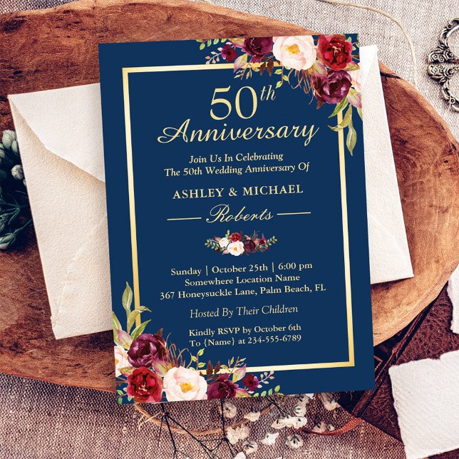 Invitación 50.º Boda Aniversario Azul de la Marina Floral Bor (Subido por el creador)