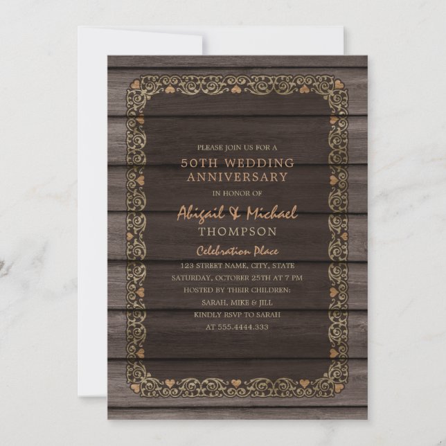 Invitación 50.º Boda Aniversario de la Fiesta de Rustic Wood  (Anverso)